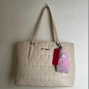 NWT Betsey Johnson Chalk Quilted Heart Tote w/ Pink Bear Charm